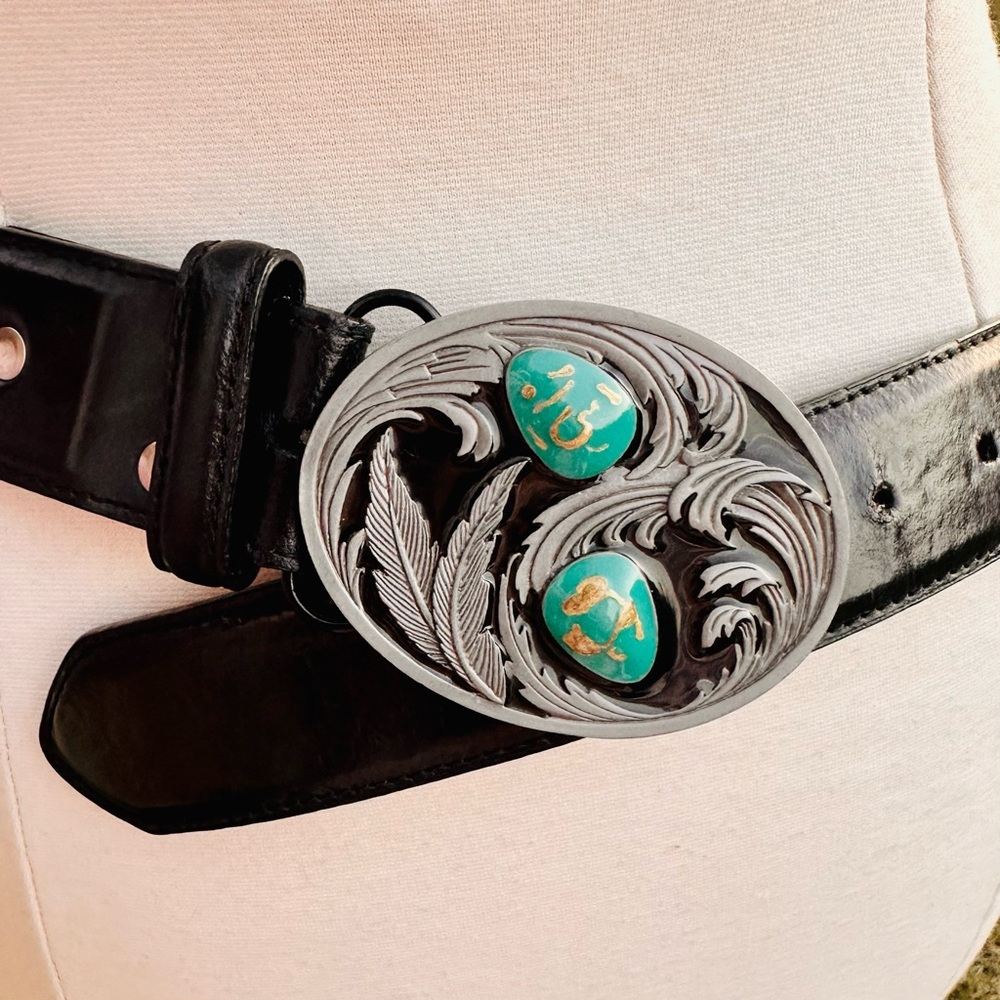 90's Western Vintage Siskiyou Silver Pewter Belt Buckle Turquoise & Gold Stones